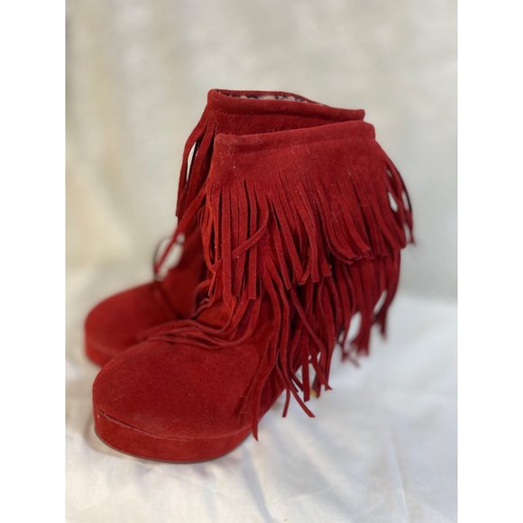 Red Fringed Boots 4.5 inch  Heels 1.5 inch Platform Faux Suede Leopard Print Lin - Picture 1 of 6